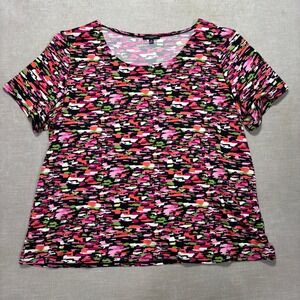 NOTATIONS‎ Woman Abstract Print Short Sleeve Top Blouse 3X Black Pink Green